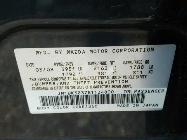 JM1BK323781134800 - 2008 MAZDA 3 S CHARCOAL photo 10