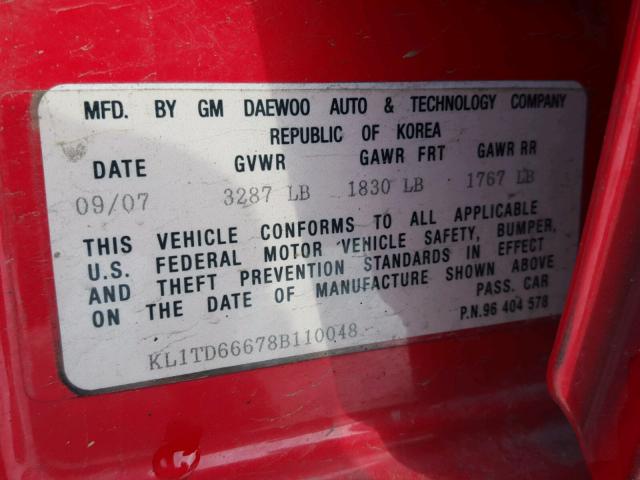 KL1TD66678B110048 - 2008 CHEVROLET AVEO BASE RED photo 10