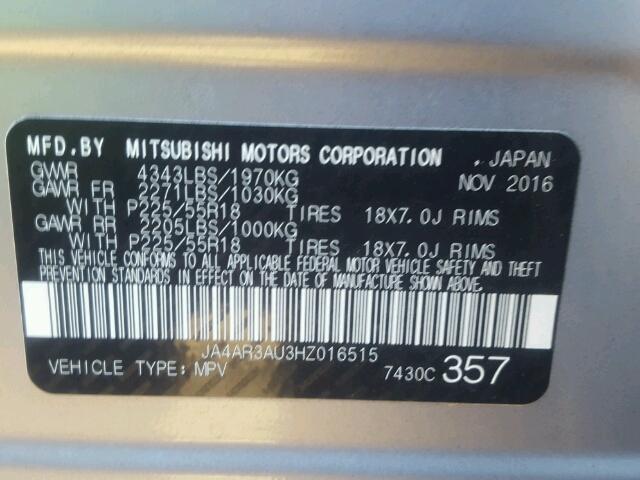 JA4AR3AU3HZ016515 - 2017 MITSUBISHI OUTLANDER SILVER photo 10