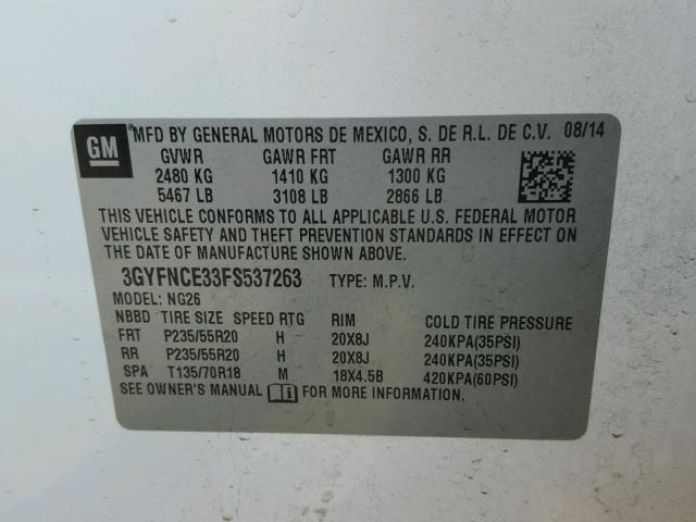 3GYFNCE33FS537263 - 2015 CADILLAC SRX PERFOR WHITE photo 10