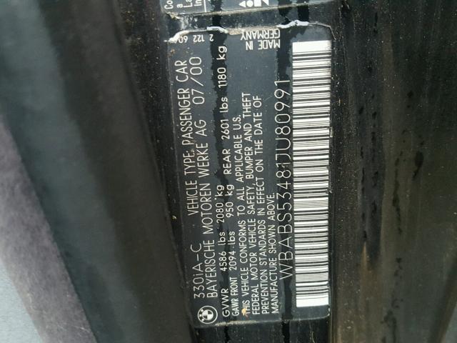 WBABS53481JU80991 - 2001 BMW 330 CI BLACK photo 10
