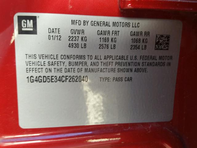 1G4GD5E34CF262040 - 2012 BUICK LACROSSE P RED photo 10
