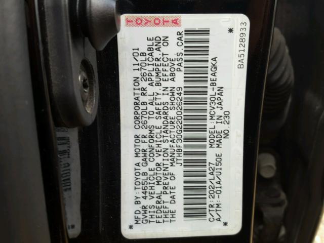 JTHBF30G220026249 - 2002 LEXUS ES 300 BLACK photo 10