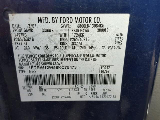 1FTRW12W58KC75473 - 2008 FORD F150 SUPER BLUE photo 10