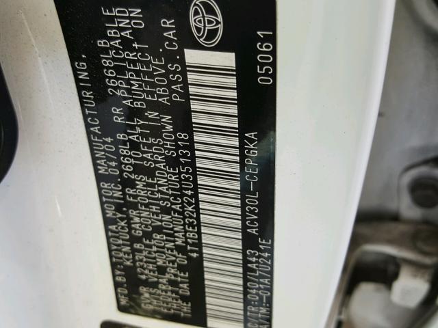 4T1BE32K24U351318 - 2004 TOYOTA CAMRY LE თეთრი ფოტო 10