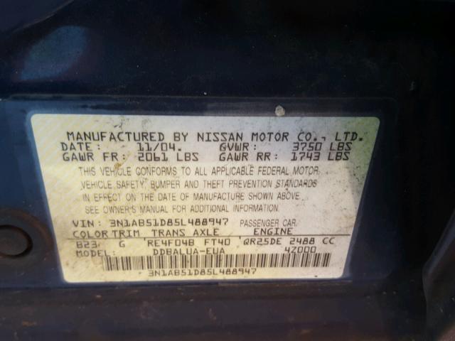 3N1AB51D85L488947 - 2005 NISSAN SENTRA SE- BLUE photo 10