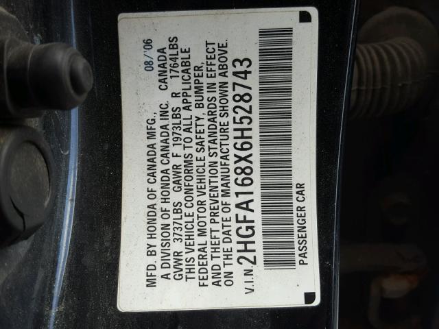 2HGFA168X6H528743 - 2006 HONDA CIVIC EX 黑色 照片 10