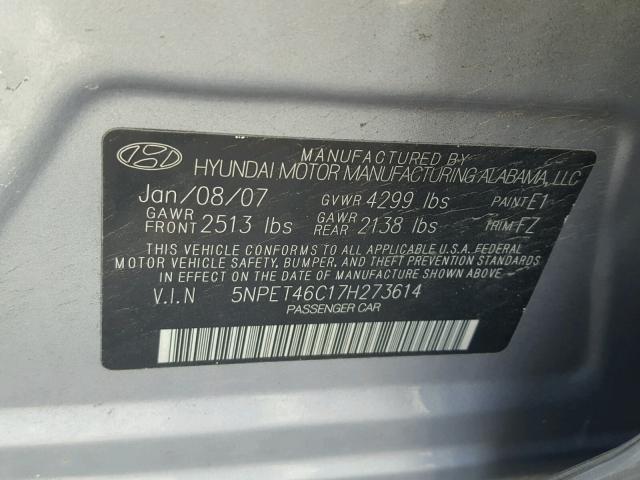 5NPET46C17H273614 - 2007 HYUNDAI SONATA GLS SILVER photo 10