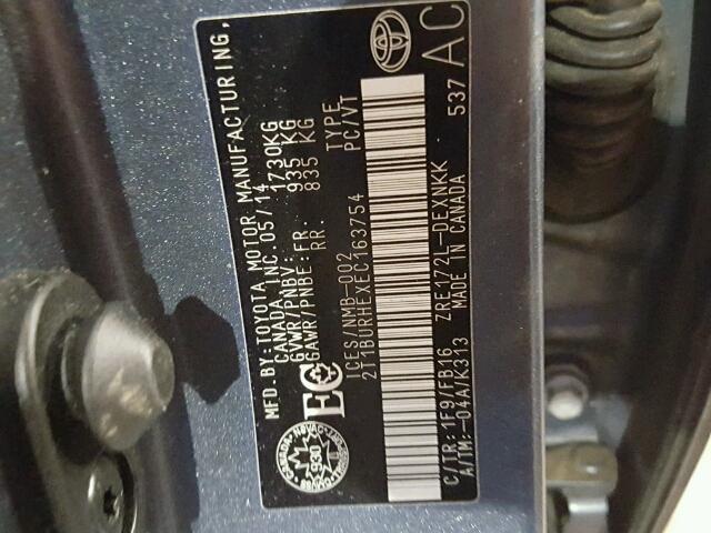 2T1BURHEXEC163754 - 2014 TOYOTA COROLLA L GRAY photo 10