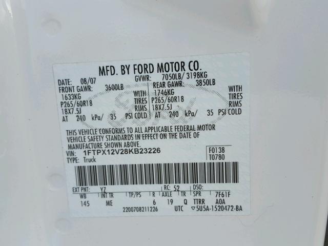 1FTPX12V28KB23226 - 2008 FORD F150 WHITE photo 10