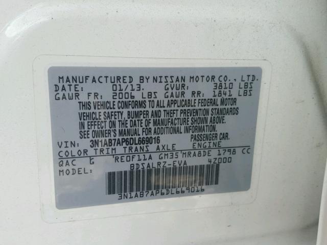 3N1AB7AP6DL669016 - 2013 NISSAN SENTRA S WHITE photo 10