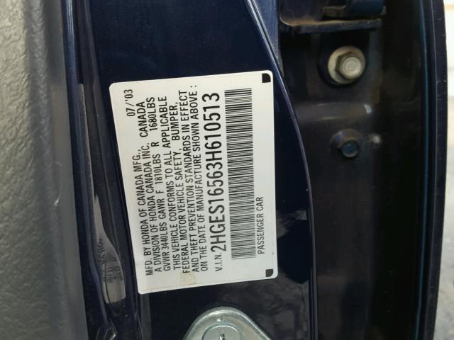 2HGES16563H610513 - 2003 HONDA CIVIC LX BLUE photo 10