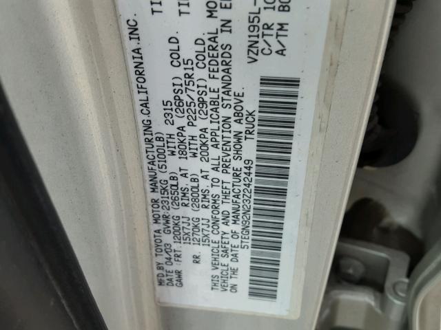 5TEGN92N23Z242449 - 2003 TOYOTA TACOMA DOU SILVER photo 10