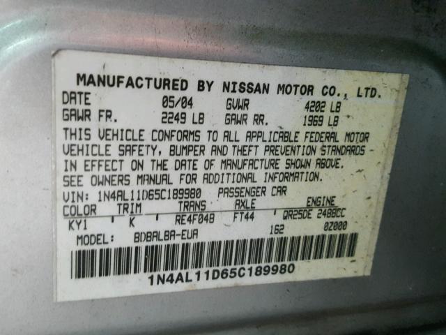 1N4AL11D65C189980 - 2005 NISSAN ALTIMA S SILVER photo 10