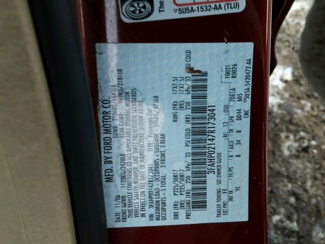 3FAHP02147R173041 - 2007 FORD FUSION SEL BURGUNDY photo 10