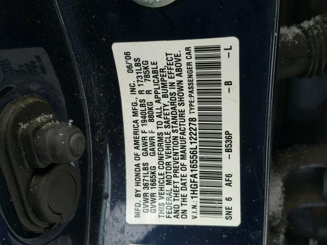 1HGFA16556L122278 - 2006 HONDA CIVIC LX BLUE photo 10