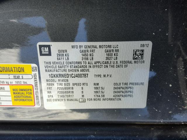 1GKKRNED1CJ400787 - 2012 GMC ACADIA SLE GRAY photo 10