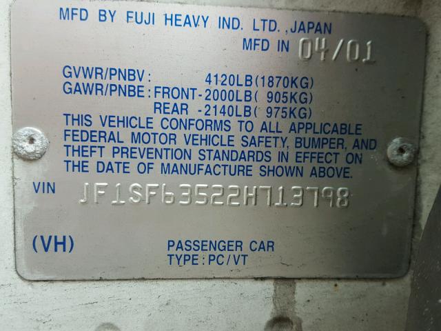 JF1SF63522H713798 - 2002 SUBARU FORESTER L WHITE photo 10