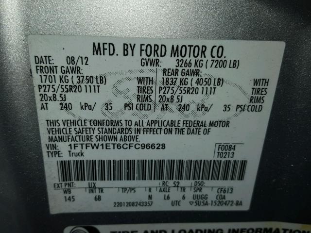 1FTFW1ET6CFC96628 - 2012 FORD F150 SUPER SILVER photo 10