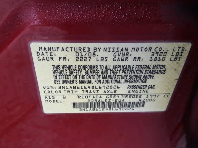 3N1AB61E48L692826 - 2008 NISSAN SENTRA 2.0 BURGUNDY photo 10