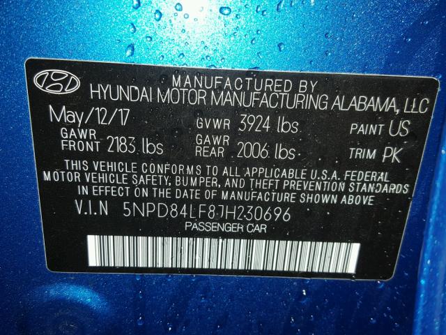 5NPD84LF8JH230696 - 2018 HYUNDAI ELANTRA SE BLUE photo 10