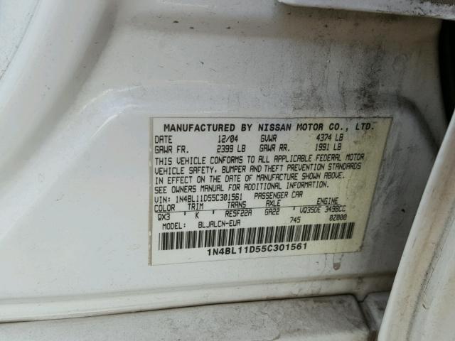 1N4BL11D55C301561 - 2005 NISSAN ALTIMA SE WHITE photo 10