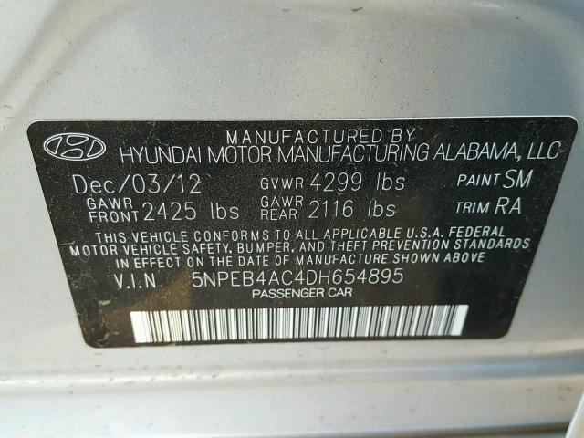 5NPEB4AC4DH654895 - 2013 HYUNDAI SONATA GLS SILVER photo 10