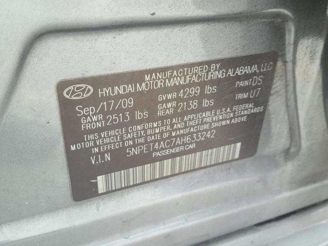 5NPET4AC7AH633242 - 2010 HYUNDAI SONATA GLS GRAY photo 10