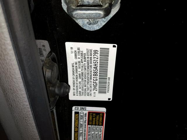 2HGFG1B85AH512799 - 2010 HONDA CIVIC EX შავი ფოტო 10