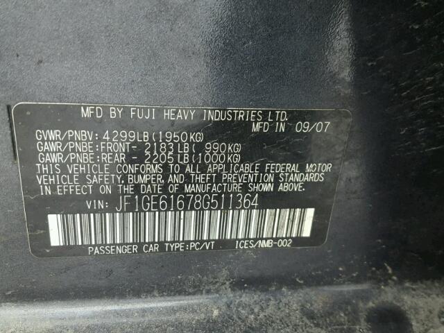 JF1GE61678G511364 - 2008 SUBARU IMPREZA 2. GRAY photo 10