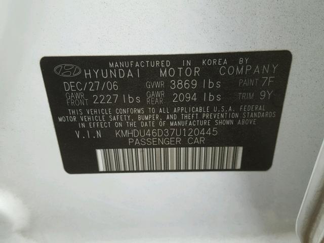 KMHDU46D37U120445 - 2007 HYUNDAI ELANTRA GL WHITE photo 10