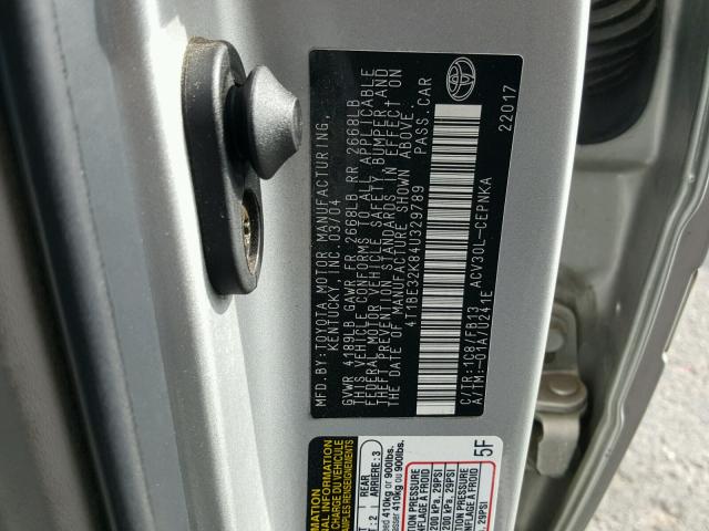 4T1BE32K84U329789 - 2004 TOYOTA CAMRY LE SILVER photo 10