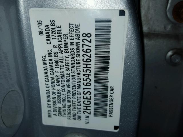 2HGES16545H626728 - 2005 HONDA CIVIC LX SILVER photo 10