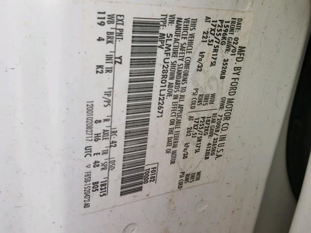 5LMFU28R01LJ22671 - 2001 LINCOLN NAVIGATOR Ақ фото 10