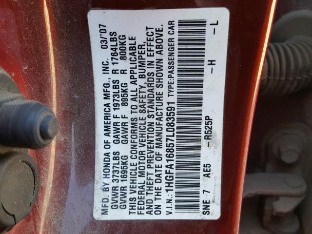 1HGFA16857L083591 - 2007 HONDA CIVIC EX მუქწითელი ფოტო 10