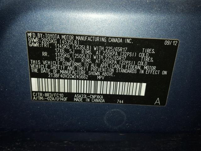 2T3BF4DV2CW245662 - 2012 TOYOTA RAV4 BLUE photo 10