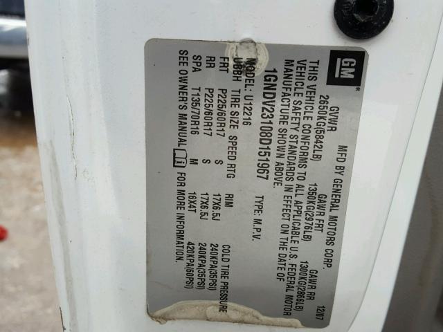 1GNDV23108D151967 - 2008 CHEVROLET UPLANDER L 白色 照片 10