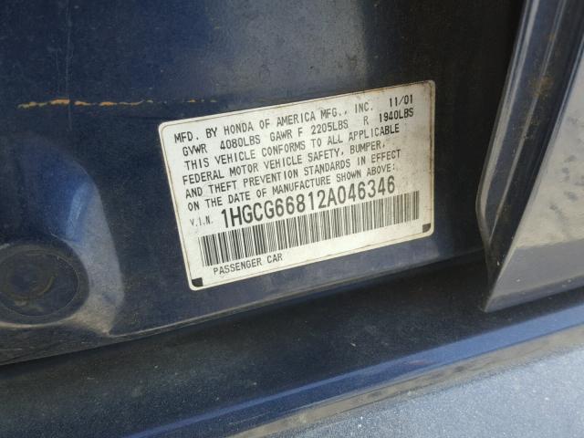 1HGCG66812A046346 - 2002 HONDA ACCORD EX BLUE photo 10