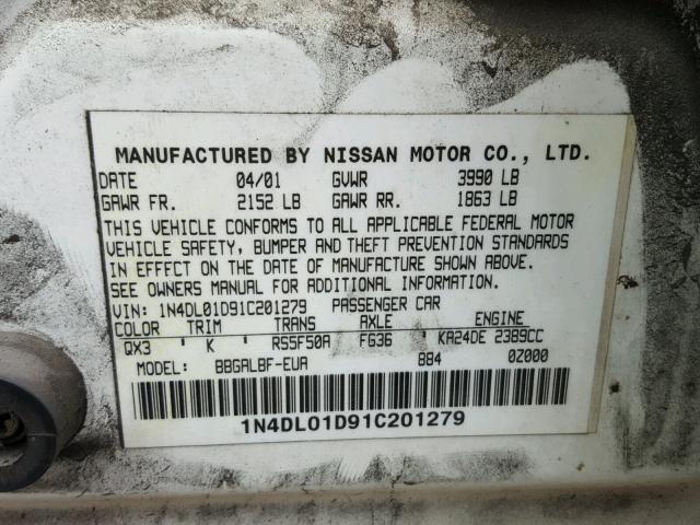 1N4DL01D91C201279 - 2001 NISSAN ALTIMA XE WHITE photo 10