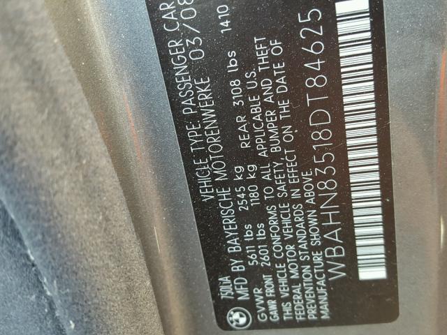 WBAHN83518DT84625 - 2008 BMW 750 LI GRAY photo 10