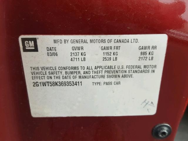 2G1WT58K369353411 - 2006 CHEVROLET IMPALA LT RED photo 10