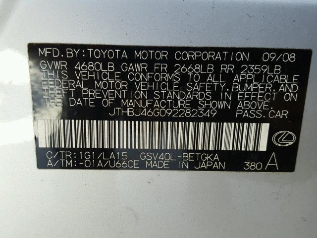 JTHBJ46G092282349 - 2009 LEXUS ES 350 SILVER photo 10