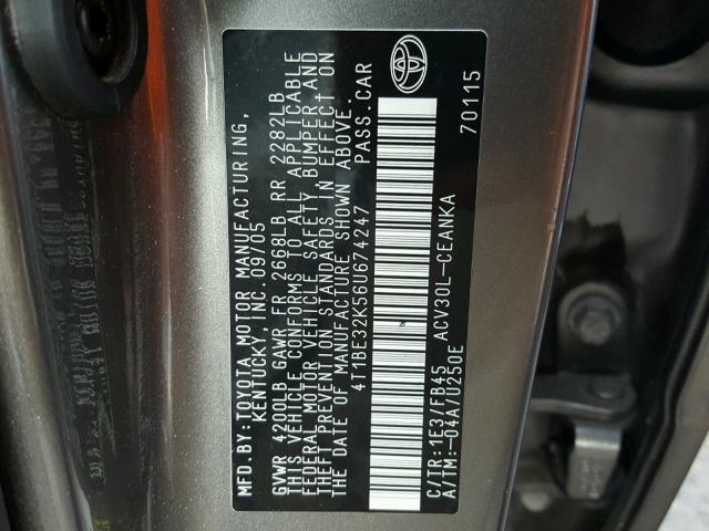 4T1BE32K56U674247 - 2006 TOYOTA CAMRY LE GRAY photo 10