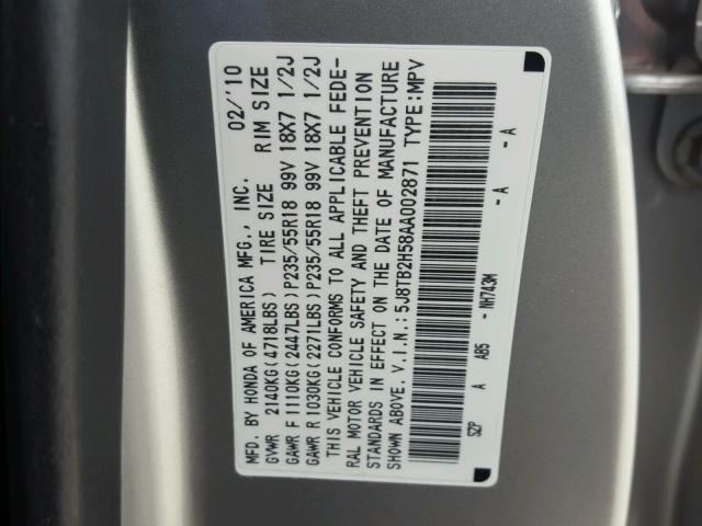 5J8TB2H58AA002871 - 2010 ACURA RDX TECHNO SILVER photo 10