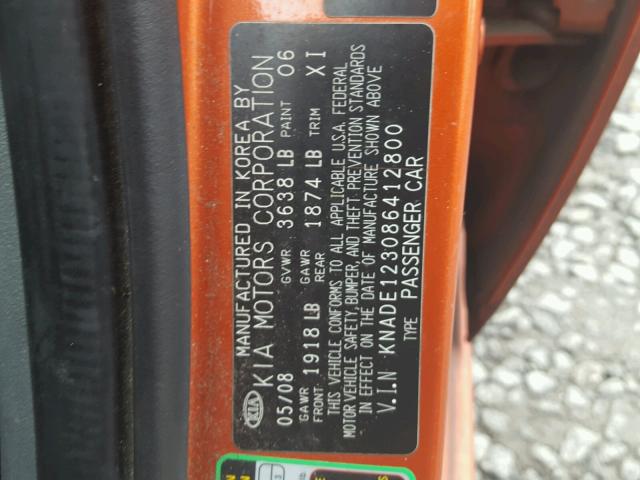 KNADE123086412800 - 2008 KIA RIO BASE ORANGE photo 10