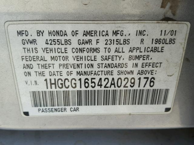 1HGCG16542A029176 - 2002 HONDA ACCORD EX SILVER photo 10