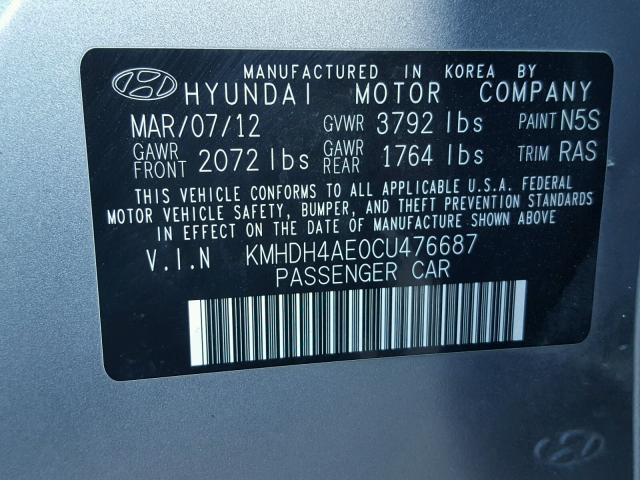 KMHDH4AE0CU476687 - 2012 HYUNDAI ELANTRA GL GRAY photo 10