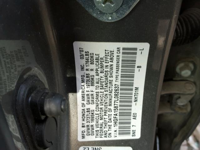 1HGFA15877L082637 - 2007 HONDA CIVIC EX ნაცრისფერი ფოტო 10