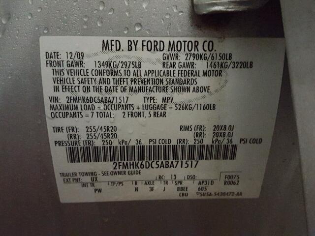 2FMHK6DC5ABA71517 - 2010 FORD FLEX LIMIT SILVER photo 10