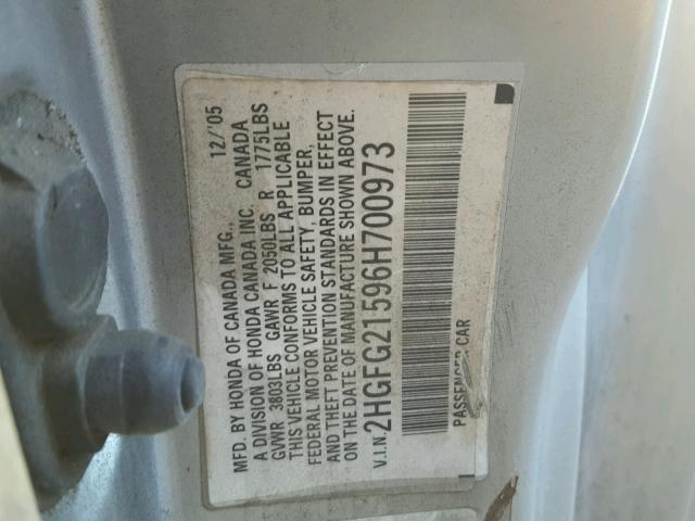 2HGFG21596H700973 - 2006 HONDA CIVIC SI SILVER photo 10